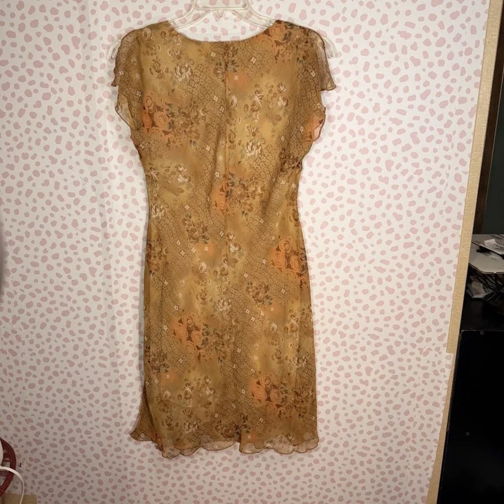 DBY Floral Brown Sheer Babydoll Flutter Sleeve‎ Dress Y2K Fairy Grunge 6 S VTG